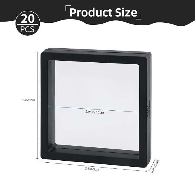 20 Pcs Black 3D Floating Display Case 3.5 x3.5X 0.8 inch, Challenge Coin Display,Transparent PE Jewelry Storage Box, Floating Display Holder Stands for Antique Challenge Coins, Medallion, Stamps