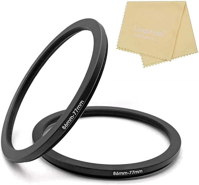 86-77mm Metal Step-Down Adapter Ring, 86mm Lens to 77mm Filter Size Accessories, 2 Pieces Black Lens Filter Adapter Ring with Lens Cleaning Cloth, LingoFoto