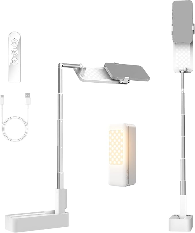 NEEWER ENTRY LEVEL VERSION 4W Overhead Desk Stand Phone Mount Foldable with LED Light/Remote/Phone Holder for Selfie Video Recording Stream, 990lx/0.3m 3 Modes CRI80 1000mAh Rechargeable Portable, V10