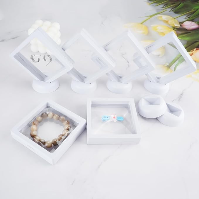 12PCS 3D Floating Frame Case with Stands, Challenge Coin Display Stand Holder, Gift Packing Frame Showcase for Earrings, Jewelry, Medallions, Specimens, 3.54x3.54 Inch (White)