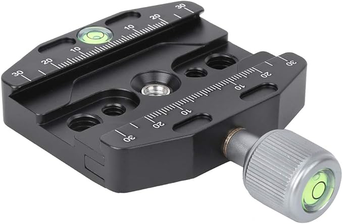 70mm Aluminium Alloy Quick Release Plate Clamp, QR Plate Clamp with 1/4in 3/8in Screw Holes, Built in Gradienter for Arca Standard Tripod, Durable Metal Locking Knob for Camera Pho