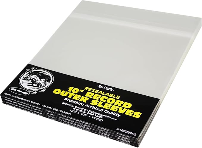 10" Resealable Record Outer Sleeves - Super Clear Premium 2 Mil Thick - Archival Quality BOPP - 10-3/4" x 10-3/8" + 1-1/2" Flap - 10SB02RS (100)