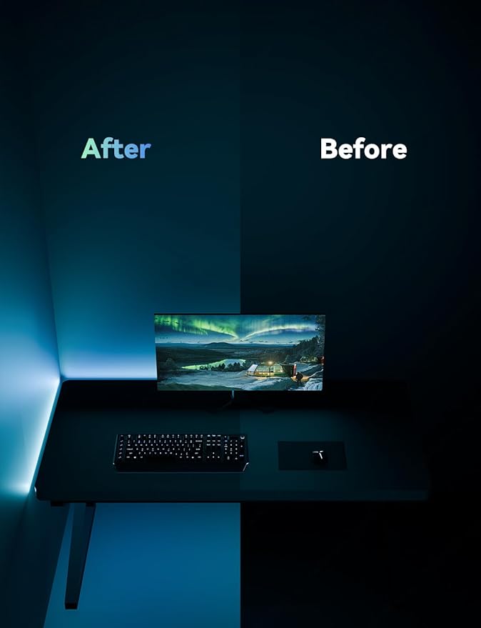 RGB Backlight for PC & Mac, LED Strip Light Sync with Screen Color or Music, Stick to The Edge of Your Desk, LEDs for Desk Gaming, USB Port, Software Control, 7.88ft / 2.4m