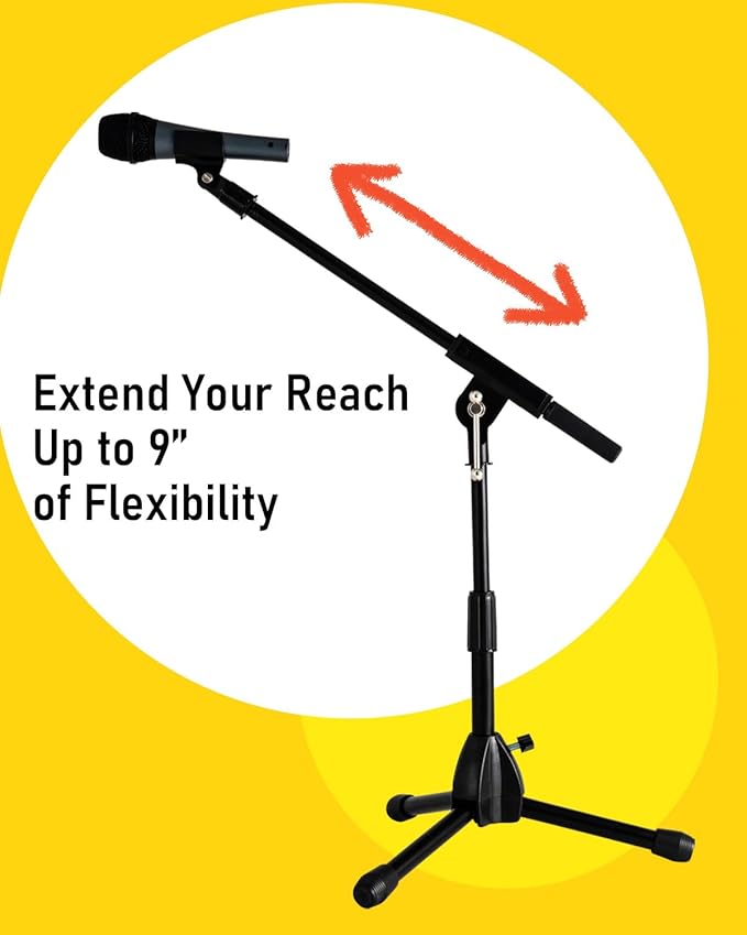 Stage Rocker Foldable Tripod Low-Profile Mic Boom Stand, 2 Pack - Height Extending from 9.6'' to 16.9'', w/Adjustable Telescoping Arm Up to 9'', Lightweight, Black, Powered by Hamilton(SR610121B-2PK)