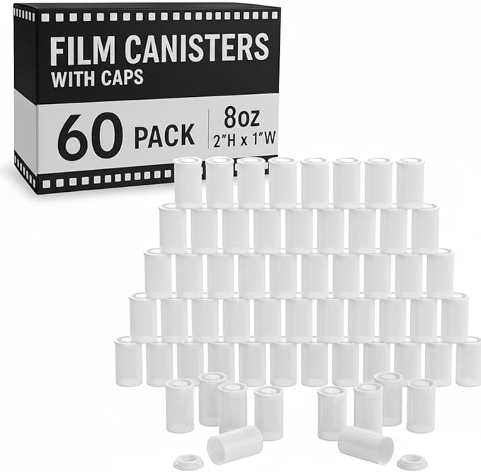 Houseables Film Canisters with Caps, Film Canisters, 35mm Case, Containers with Lids, Cannister for Rockets, Empty Camera Reel Holder, Coin Storage, White, Plastic, Bottle, 8oz, 2"Hx1"W, 60 Pack, Bulk