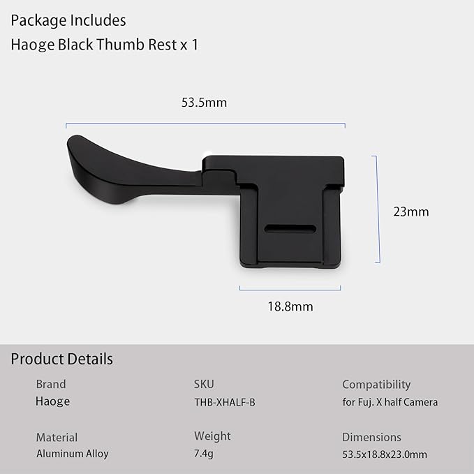Haoge Metal Thumb Up Grip for Fujifilm X Half Camera Digital Accessories XHALF Hot Shoe Thumb Up Rest Support Handgrip Black THB-XHALF-B
