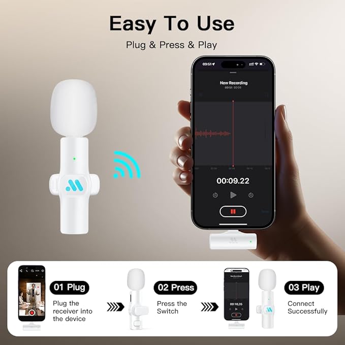 Lavalier Wireless Microphone for iPhone 7-14 iPad,mini Microphone for Game Live Streaming,Interviews,Video Recording（White）