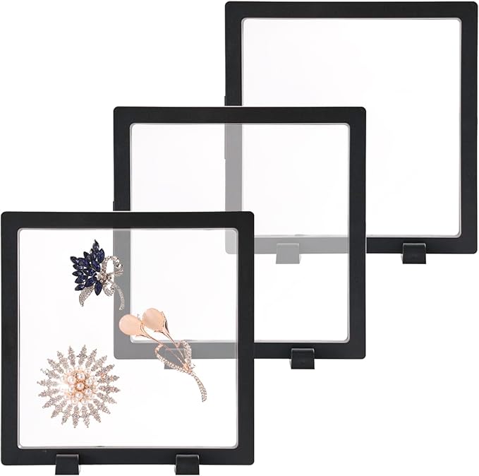 3PCS 3D Transparent Floating Frame with Stand, Challenge Coin Display Holder, Floating Display Case for Jewelry, Medals, Specimens, Small Items, Fossils Rocks,6.3 x 6.3 inch