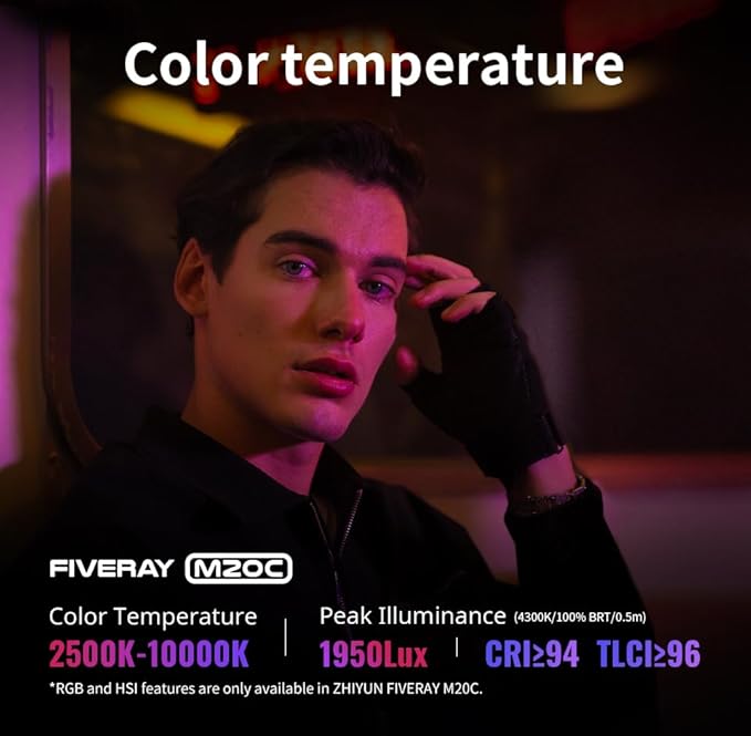 ZHIYUN FIVERAY M20C RGB Video Light [Official], 20W Portable Camera Light, HSI Mode, TLCI 96+, Temperature 2500K-10000K with 9 Light Effects, Support App Control and PD Fast Charge