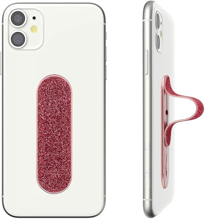 Momostick Flatstick, Cell Phone Finger Grip Strap Holder for Hand, Cell Phone Stand, New Slim Finger Loop Selfie Grip Compatible with Most Smartphones - Glitter Hot Pink