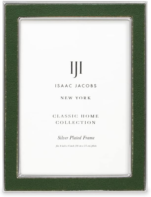 Isaac Jacobs 4x6 Olive Leather with Silver Metal (Vertical & Horizontal) Picture Frame, Suede Border w/Black Fabric Easel, Wall-Mountable, Made For Tabletop, Photo Gallery (4x6, Olive W/Silver)