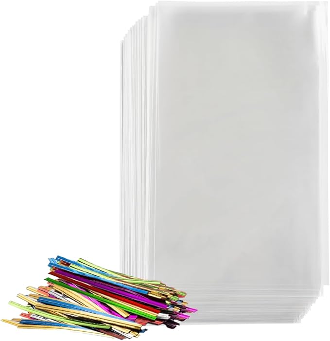 Prestee 200 Pack Clear Plastic Cellophane Bags Goodie Bags 6x8 with 4-Inch Twist Ties, Candy Bags, Cookie Bags, Favor Bags with Ties, Clear Gift Bags, Cellophane Bags (Pack of 200)
