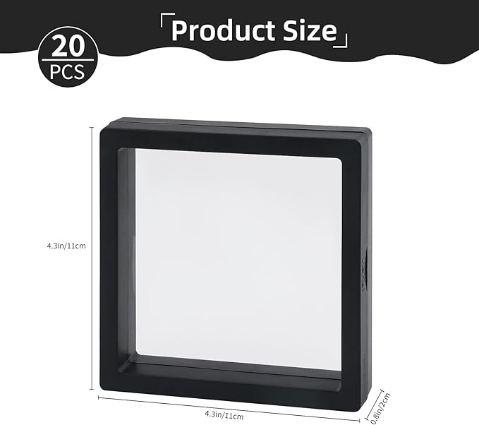 20 Pcs Black 3D Floating Display Case 4.3 x 4.3 x 0.8 inch, Nail Display Cases, Challenge Coin Display,Jewelry Storage Box, Floating Display Holder Stands for Antique Challenge Coins, Medallion