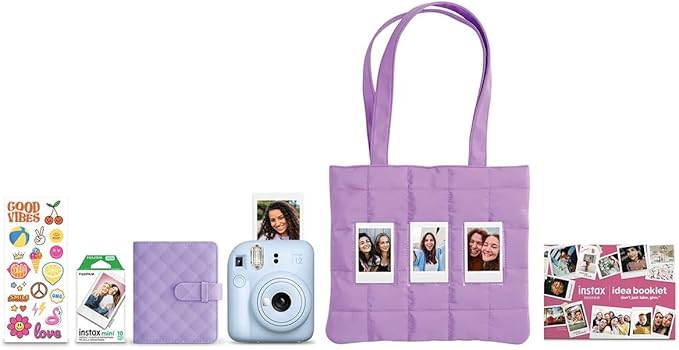 Fujifilm Instax Mini 12 Instant Film Camera All Included Holiday Bundle 2025 + Spray Art Instant Film 10 Exposures (Pastel Blue)