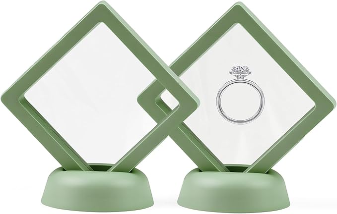 Ring Challenge Coins Display Stand, 3D Display Floating Frame Jewelry Medallion Specimen, Ring Shadow Box Case, 2.75"x2.75"x0.79"(Green - 2PCS)