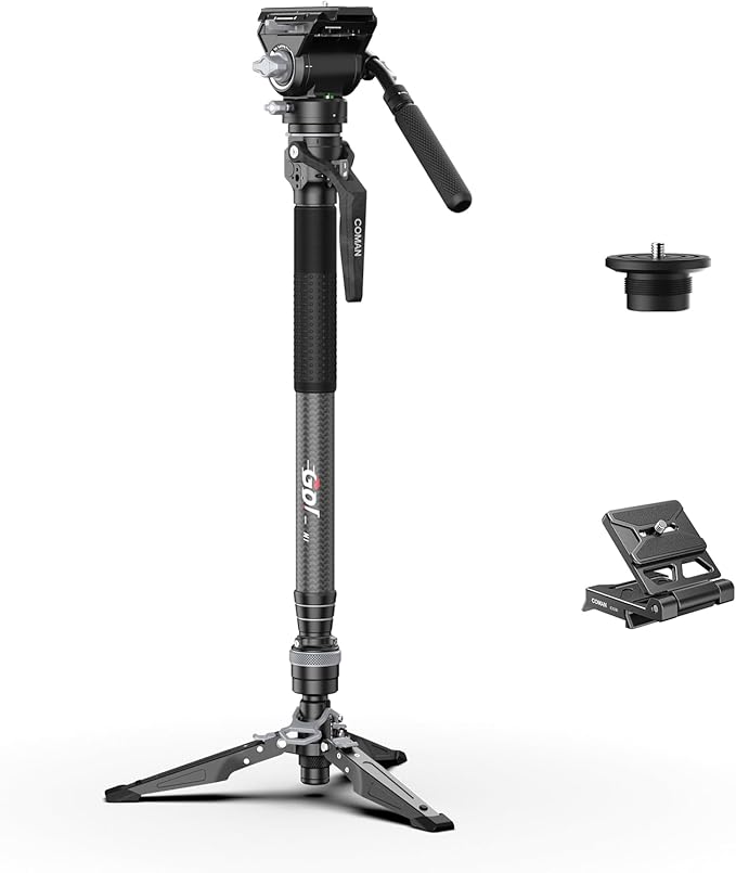 COMAN M1V5 Camera Monopod, One-Click Lifting Monopod with Feet, 67'' Lightweight monopod with V5 Fluid Head Quick Release Plate for Camera, DSLR, Camcorder (M1V5)