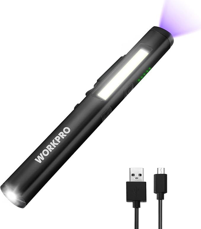 WORKPRO Flashlight Pen Light, Rechargeable Penlight with 365 nm UV Black Light, 450 Lumen LED Mini Pocket Flashlight, for Inspection, Work, Repair, Pet Secretion Detection
