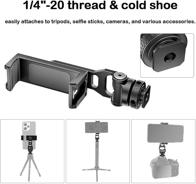 Metal Phone Tripod Mount Holder with Cold Shoe Smartphone Clamp Adapter 1/4" Thread 360° Rotates and 180° Tilt