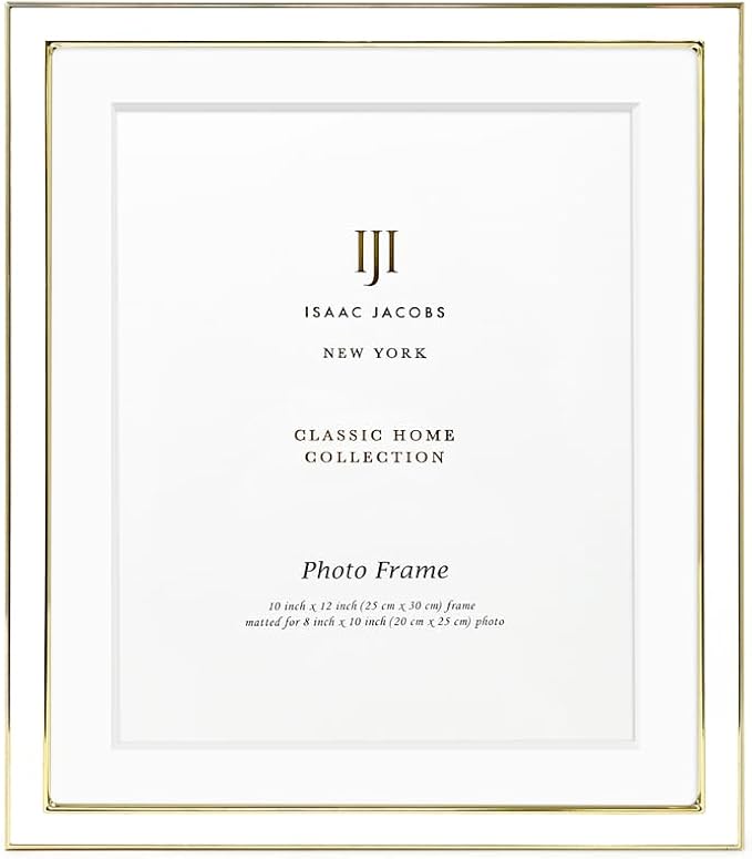 Isaac Jacobs 10x12 (Matted 8x10) White Enamel Picture Frame with Gold Metal Edge and Easel, Tabletop Display, Wall Décor, Photo Gallery, (10x12 (Matted 8x10), White with Gold)