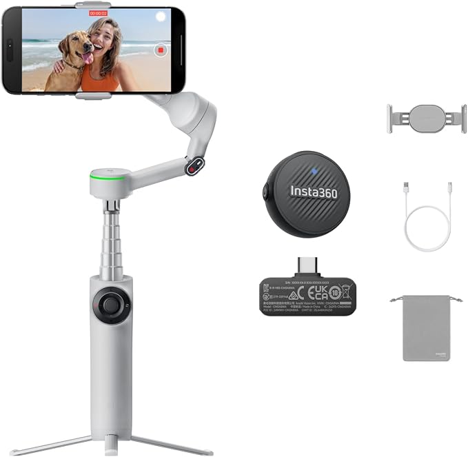 Insta360 Flow 2 Pro Mic Bundle Grey - Foldable AI Phone Gimbal, Track in 200+ iOS Apps, Multi-Person & 360 Pan Tracking, Built-in Tripod/Selfie Stick, iPhone/Android Stabilizer