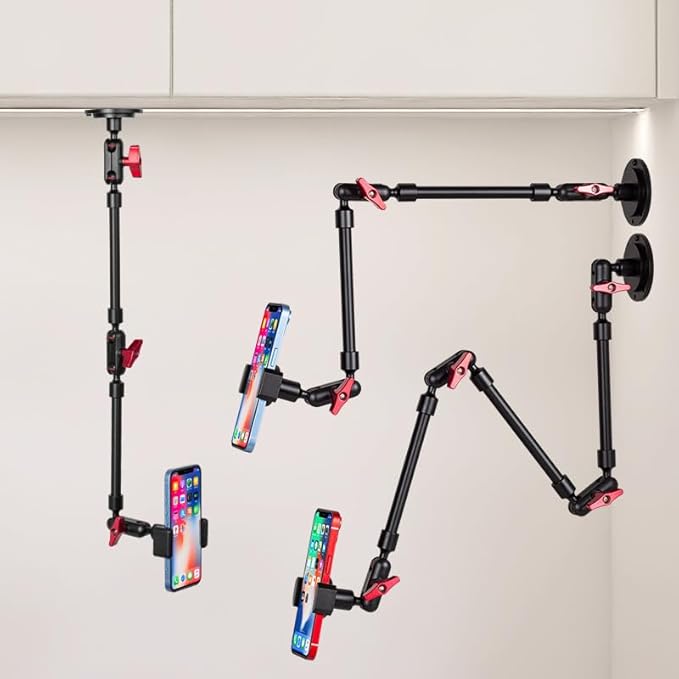 32'' Metal Base Magic Arm Phone Mount - Wall Screw-Mounted, 1.2LBS Load, 360° Rotatable for Live Stream/Office/Video Recording