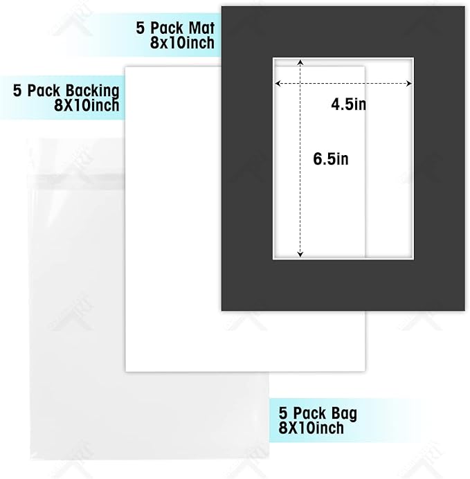 Golden State Art, Acid Free, Pack of 5, 8x10 Black Picture Mats Mattes with White Core Bevel Cut for 5x7 Picture & Backing & Bags