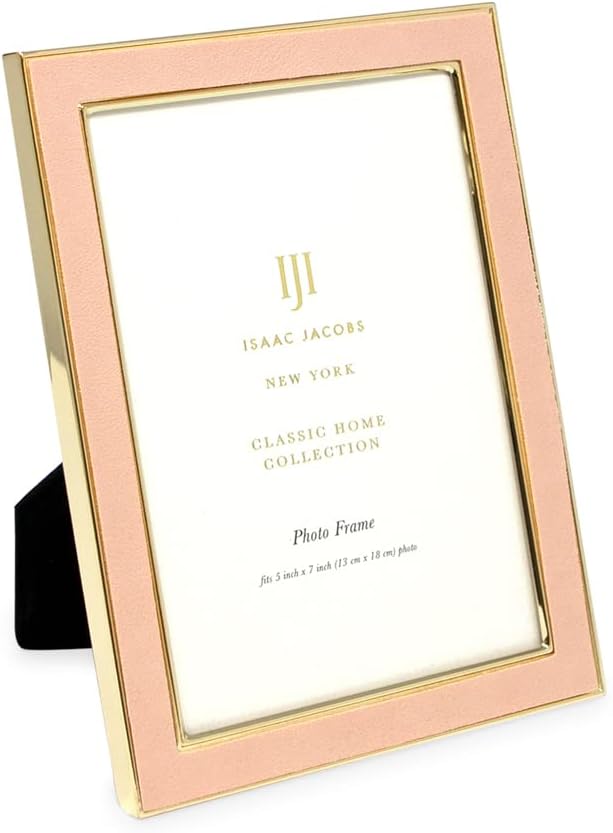 Isaac Jacobs 5x7 Pink Leather with Gold Metal (Vertical & Horizontal) Picture Frame, Suede Border w/Black Fabric Easel, Wall-Mountable, Made For Tabletop, Photo Gallery (5x7, Pink W/Gold)