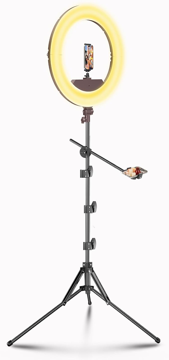 55W18 45cm Ring Light Kit [New Version] 6700K Dimmable LEDRinglightTripod Stand Dual Phone Holder for iPhone Selfie Makeup LashTattoo Studio Lighting Painting,Photo Video Recording (Brown)