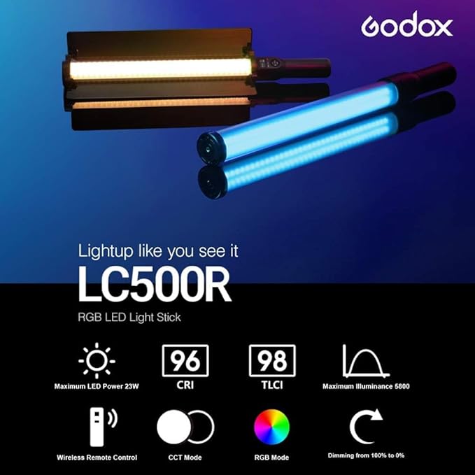 Godox LC500R RGB Stick Light 23W, 3300K-5600K RGB Tube Light, LED Video Light CRI 96+ TLCI 98+ 1380 Lux@1M, 360° Colors and 14 FX Effects with RC-R9 Remote Control