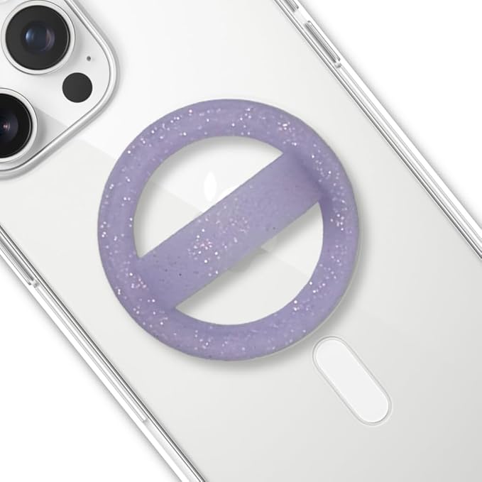 Grips by CRYSTALFY Magnetic Phone Grip & Silicone Phone Holder with Loop, Extra Metal Ring, Compatible with MagSafe & Non-MagSafe iPhone Cases - Secure Cellphone Loop Handle (Purple Sparkle)