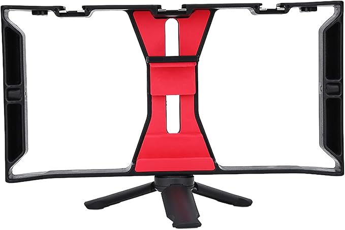 Dual Handle Phone Stabilizer | Adjustable Smartphone Rig with 3 Cold Shoe Mounts/Tripod | Handheld Gimbal for Live Streaming/Vlogging/Film Making | Portable & Sturdy ABS