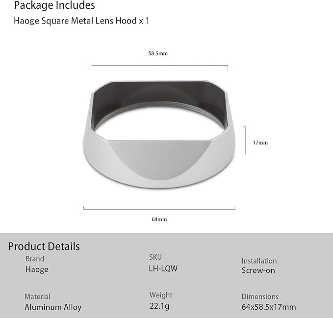 Haoge Metal Square Lens Hoods for Leica Q3-43 Q3 Camera Accessories Silver LH-LQ343W