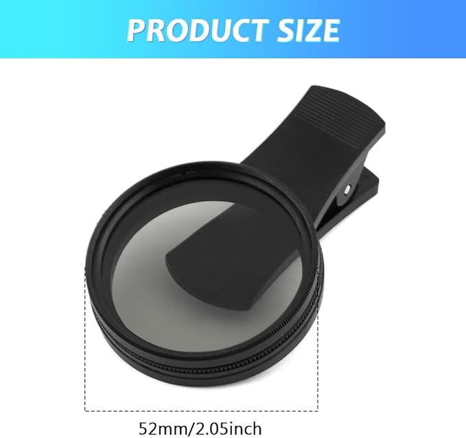 52mm Polari/zed Camera Lens Phone Universal CPL Filter Clip Kit, Portable Phone Polarizing Lens Filter for Cell Phones Camera Assistant Len and Effects Filters(Black)