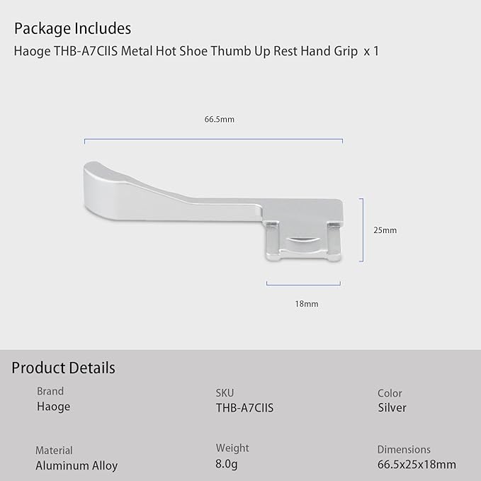 A7CII A7CR Thumb Grip Haoge Metal Thumb Up Rest Hand Grip for Sony α7CII,Alpha 7CII,ILCE-7CII,A7CR Camera Accessories Silver (Not Fits A7C) THB-A7CII-S Hot Shoe Thumb Up