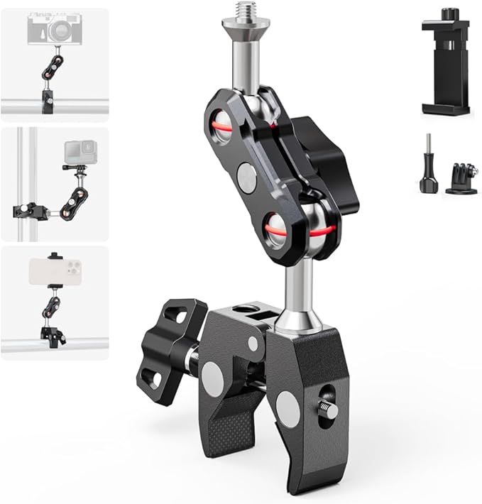 Super Camera Clamp Mount, Aluminum Alloy Double Ball Head Magic Arm Adapter, Fence/Desk/Tripod Mount for Most Phone, for Insta360 X5/X4, for Gopro 13/12/11, DJI Action 5Pro/4/3 and More Action Cameras