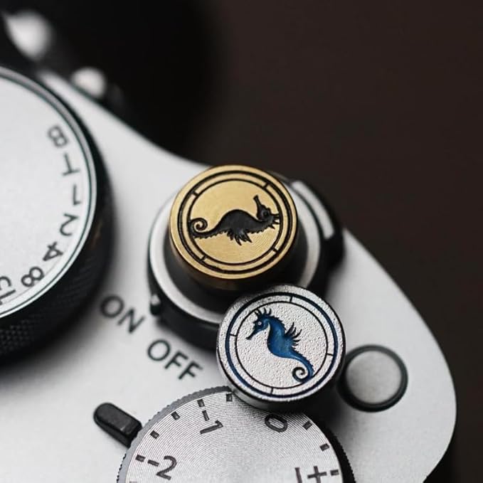 Hippocampus japonicus Soft Release Button - Red - fits Any Standard Threaded Release - Fujifilm X100V, X100F, X100T, Xpro3 & Xpro2, X-T3, X-T2, X-E3, X-E2s, X-E2, X-T30, X-T20 (Silver and Brass)