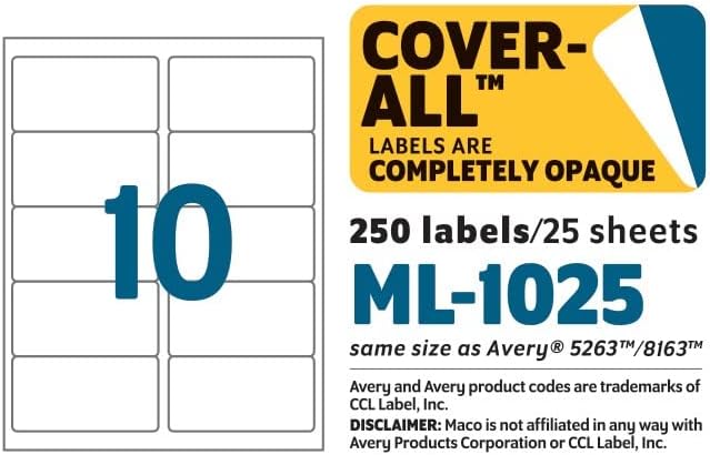 MACO Laser/Ink Jet White COVER-ALL Shipping Labels, 2" x 4", 10 per Sheet, 250 per Pack (ML-1025)