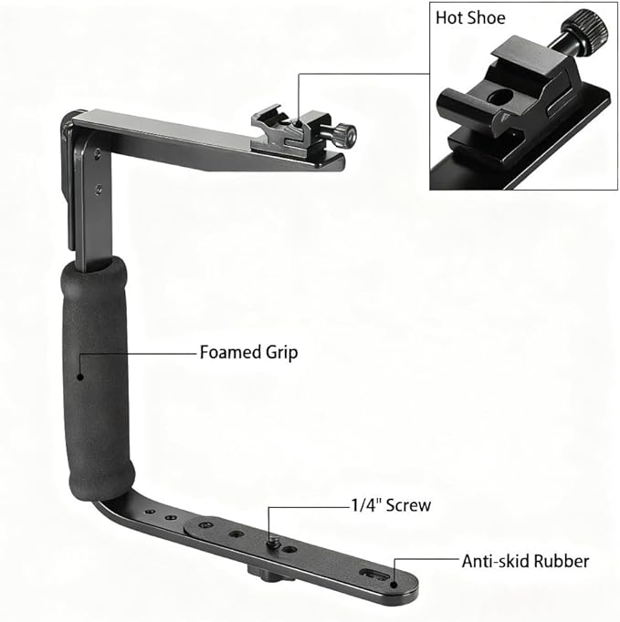 L-Shaped Handheld Camera Flashlight Bracket, Hot Shoe Camera Cage Rig, with 1/4 Tripod Screw Handheld Stabilizer, Adjustable Arm & Roll Bar for Sony for Nikon for Canon for Fujifilm DSLR Cameras