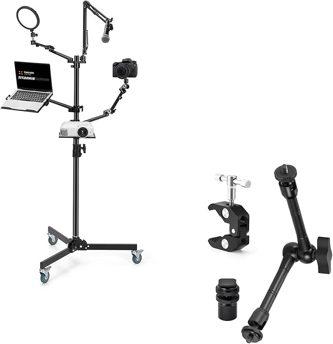 TARION 61in Live Streaming Stand with Wheel + 11in Magic Arm with Super Clamp, 5-in-1 Stream Stand Equipment Kit TitanRig + 3 Articulating Arms with 1/4" and 3/8" Thread