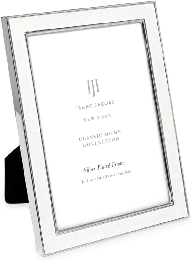 Isaac Jacobs 5x7 White Leather with Silver Metal (Vertical & Horizontal) Picture Frame, Suede Border w/Black Fabric Easel, Wall-Mountable, Made For Tabletop, Photo Gallery (5x7, White W/Silver)