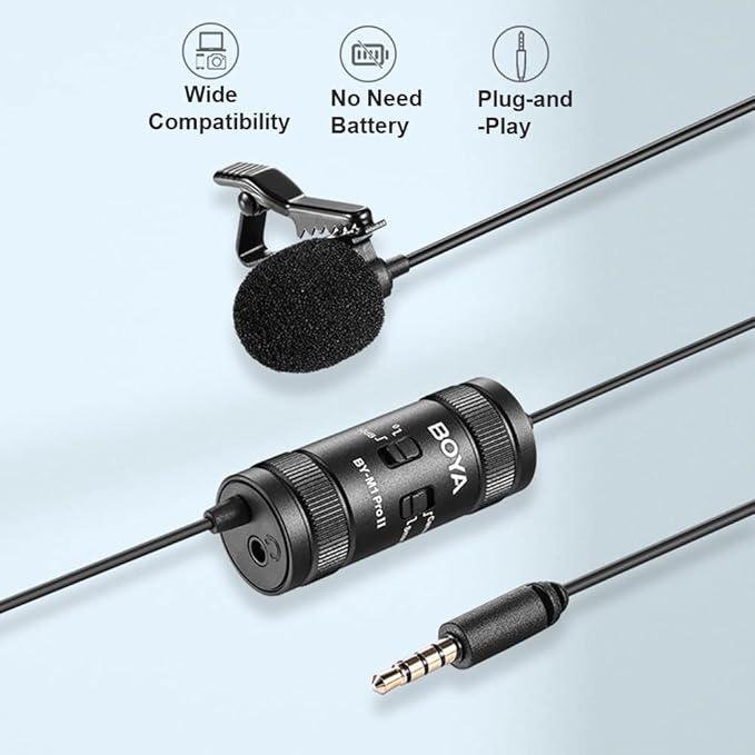 BOYA by-M1 Pro II Universal Clip-on Microphone Omni-Directional Condenser Lapel Mic 3.5mm TRRS Plug 6M Long Cable Plug-and-Play for Smartphone Camera Camcorder Audio Recorder Computer
