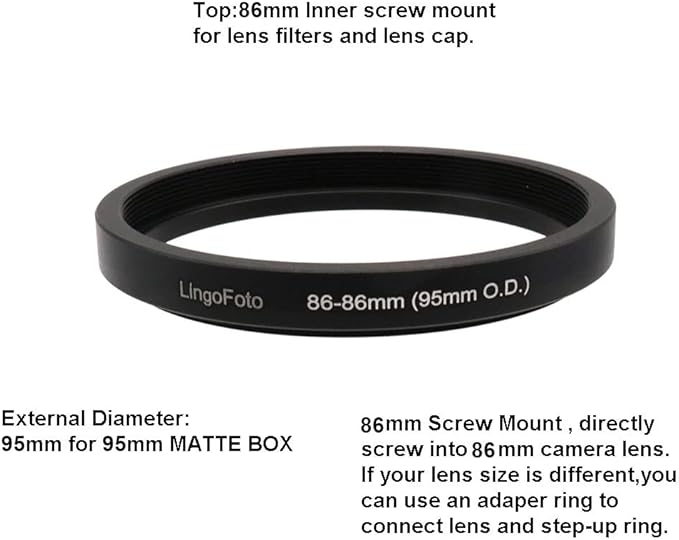 Matte Box Adapter Rings, Lens Adapter 46/49/52/55/58/62/67/72/77/82/86-86mm Step up Ring for 95mm OD Matte Box LingoFoto (86-86/95mm)
