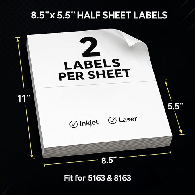 Mailing Labels for Laser/Inkjet Printer, Address Labels Stickers - 100 Sheets 8.5” x 5.5” Half Sheet Printable Sticker Paper, 200 Address Label for Packages (2 Shipping Label/Sheet)