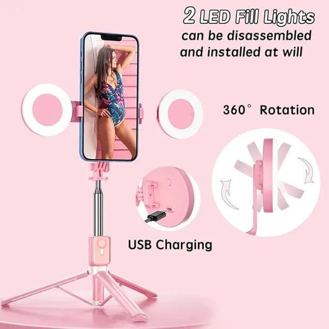 Selfie Stick Tripod with Light and Bluetooth Remote, 67" Extendable Mini Tripod Stand for iPhone Samsung Android, 6 in 1 Wireless Selfie Stick for TikTok YouTube Live Streaming(Pink)