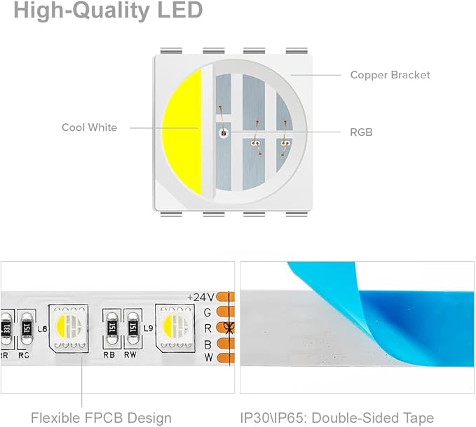 BTF-LIGHTING 5050 RGBW RGB+Cool White(6000K-7000K) 4 Colors in 1 LED Tape Light DC24V 5m 16.4ft 60LED/m Multi-Colored IP30 White 12mm PCB for Bedroom Kitchen Home Decoration(No Adapter or Controller)