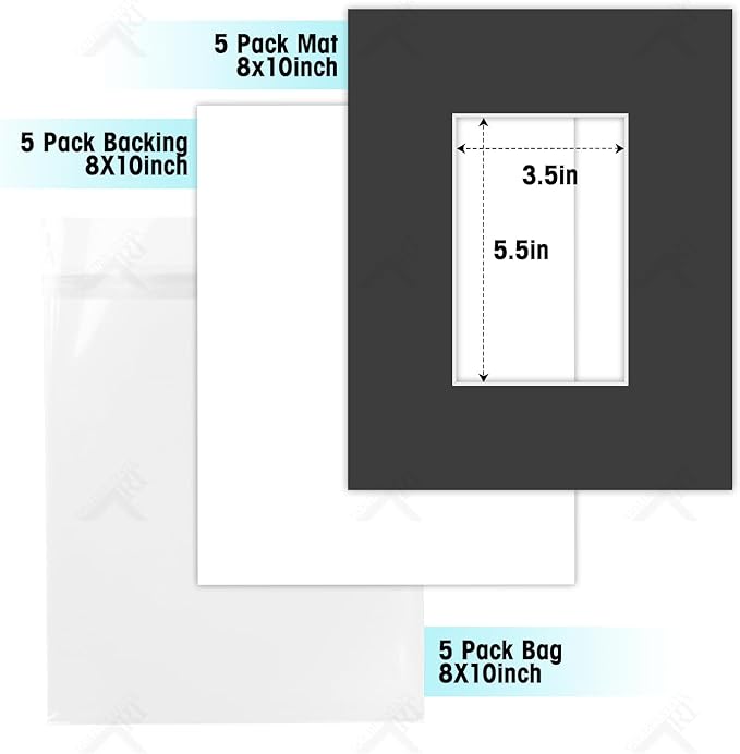 Golden State Art, Acid Free, Pack of 5, 8x10 Black Picture Mats Mattes with White Core Bevel Cut for 4x6 Photo + Backing + Bags