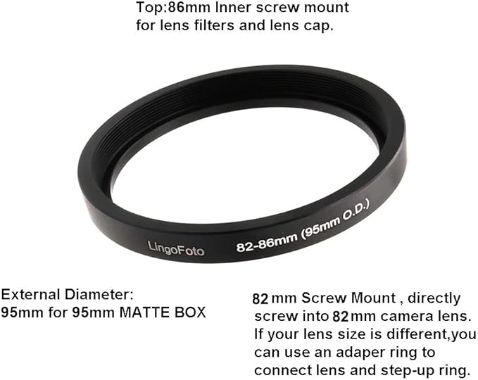 Matte Box Adapter Rings, Lens Adapter 46/49/52/55/58/62/67/72/77/82/86-86mm Step up Ring for 95mm OD Matte Box LingoFoto (82-86/95mm)