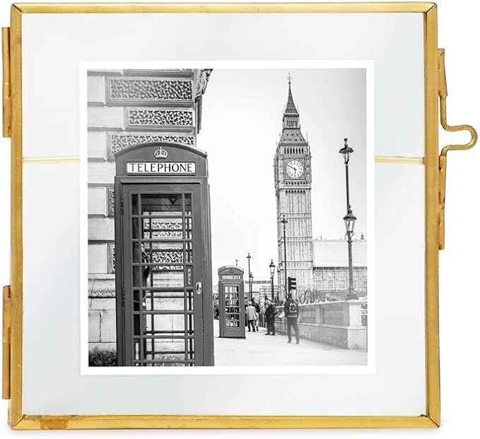Isaac Jacobs 4x4, Antique Gold, Vintage Style Brass and Glass, Metal Floating Picture Frame with Locket Closure, for Photos, Art, & More, Tabletop Display (4x4 Antique Gold)