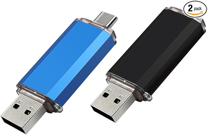 2-Pack 32GB USB C Flash Drive Dual Flash Drive Type C + USB A Memory Stick Jump Drive 2-in-1 Thumb Drive for Storage and Backup (32GB*2 Black&Blue)