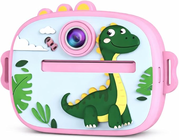 Kids Instant Print Camera, Cute Dinosaur Theme No-Ink Thermal Printing Digital Camera Toy, Rechargeable Portable Camera for Girls & Boys Ages 3–12, DIY Black and White Photo Prints (Pink)